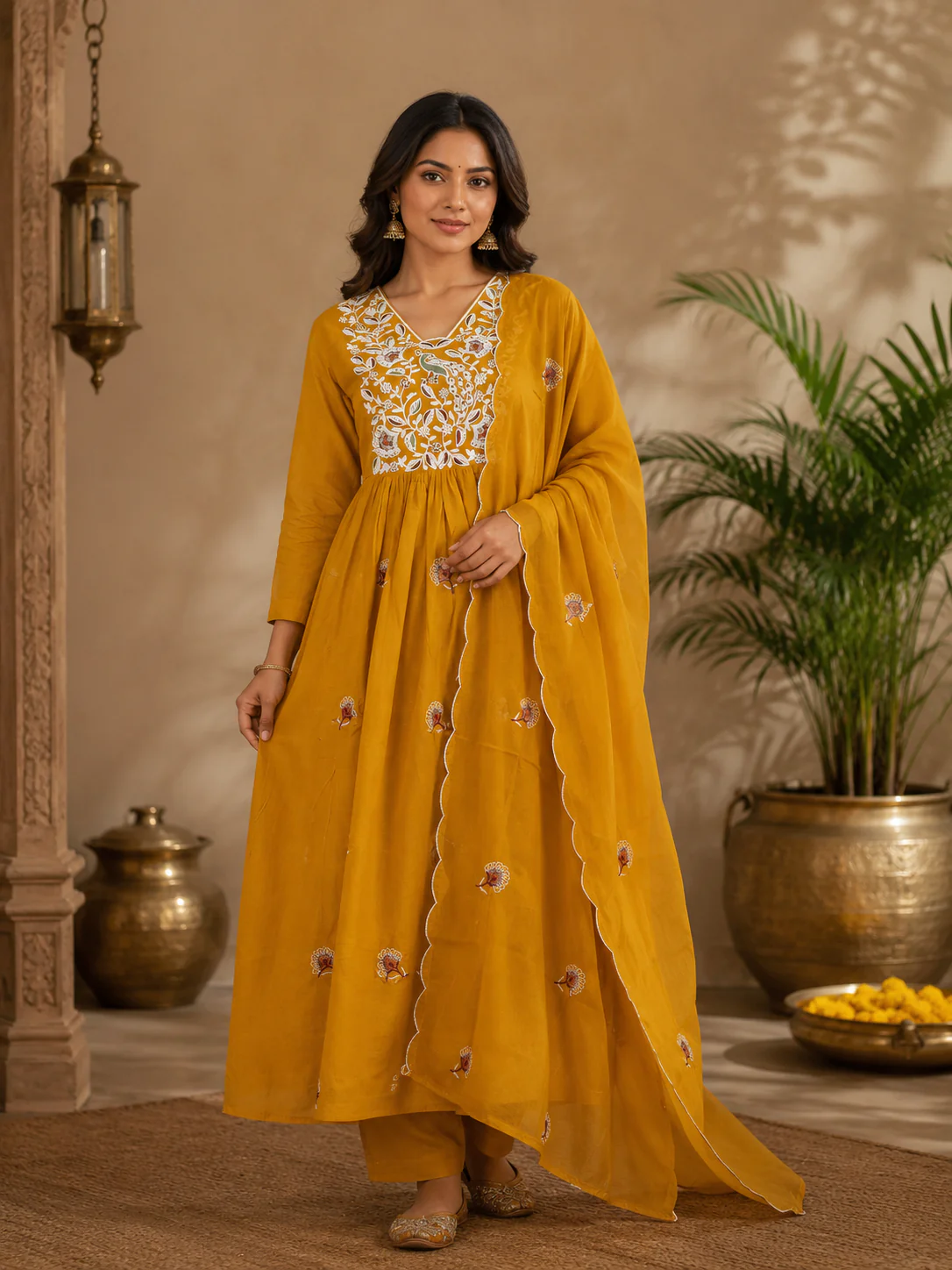 Mustard Yellow Cotton Anarkali Salwar Suit